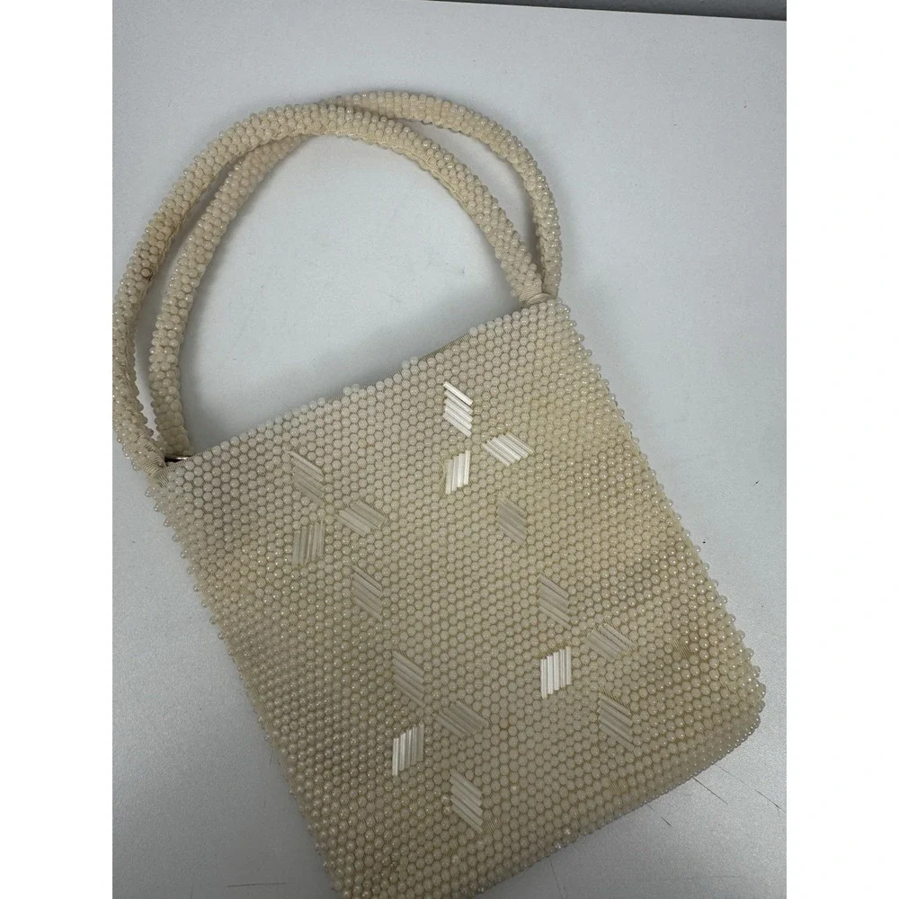 Vtg 1960s Beaded Cream Evening‎ Handbag Handmade Hong Kong Top Handle Purse